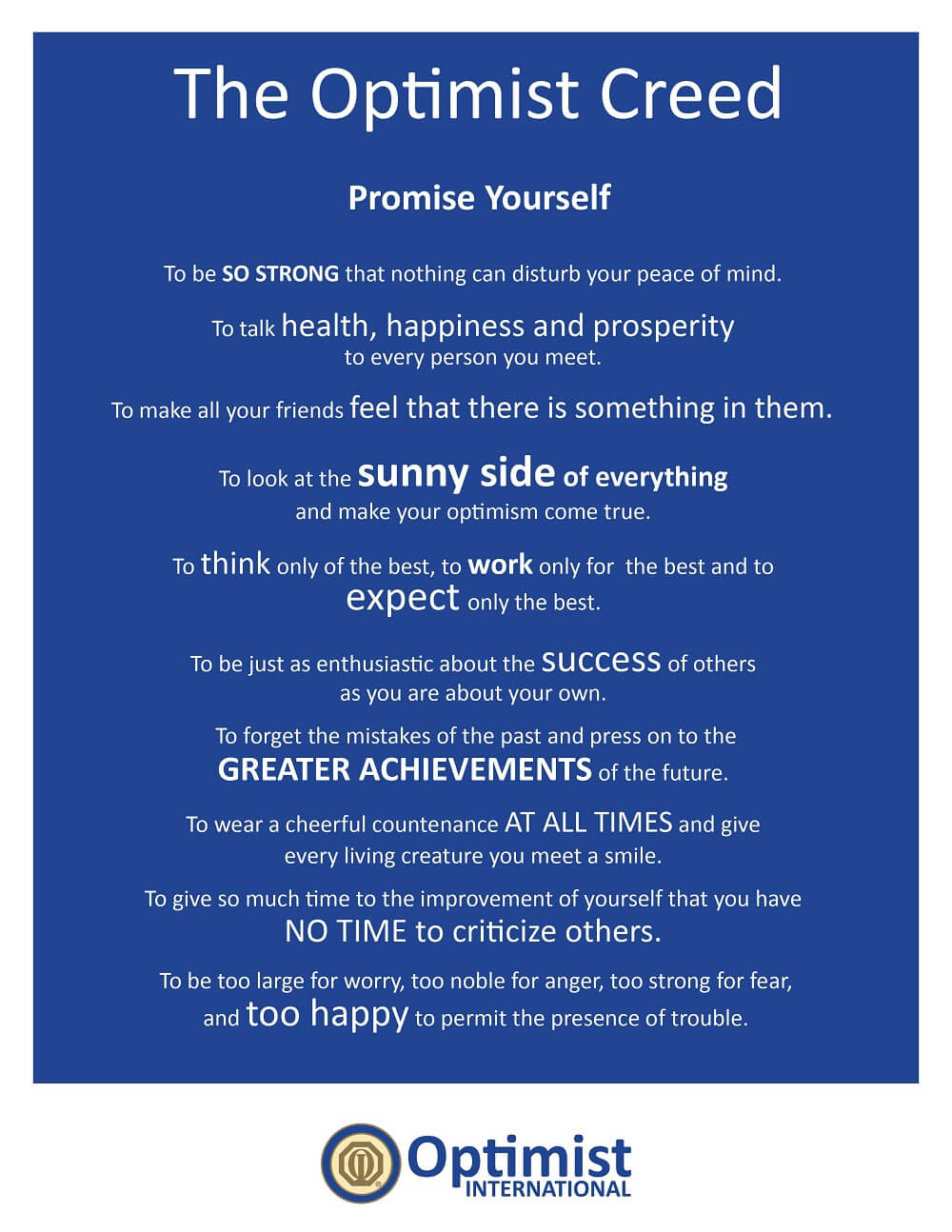 Inspiring Optimist Creed poster with uplifting affirmations for a positive mindset